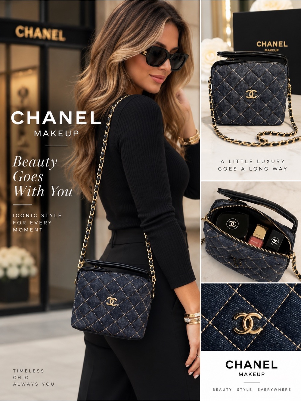CHANEL Makeup Dark Blue Quilted Denim Crossbody with Gold Chain